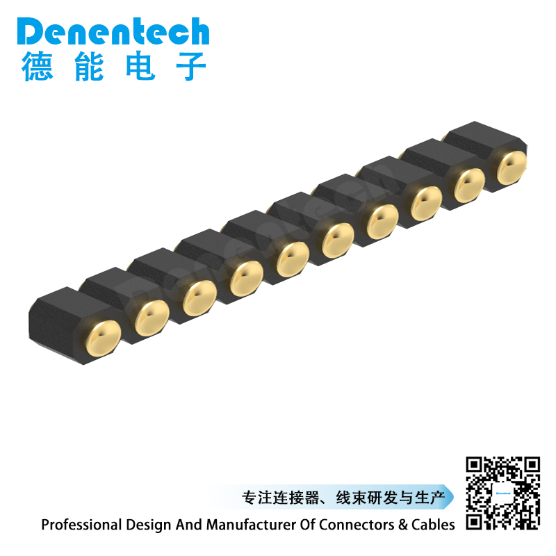 Denentech厂家定制pogo pin连接器 2.54MM弹簧针H2.5单排母座180度SMT凹面弹簧针蓝牙耳机电池信号充电针